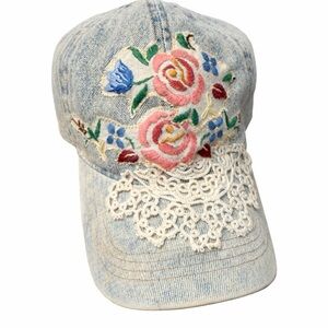 Repurposed Linen Hat - Embroidered Denim Cap with Floral Design